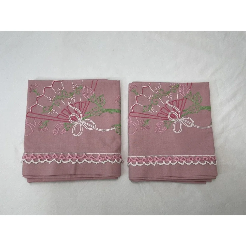 Set Of 2‎ Hand Embroidered Flower Fan Pink Pillowcases Hand Tatted Edging